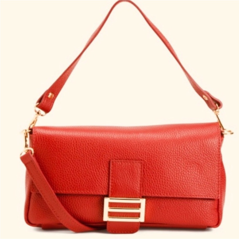 Divina Firenze Italy Genuine Leather, Orange flap Baguette Bag Shoulder bag